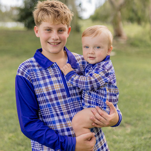 BLUE PLAID Baby Fishing Romper